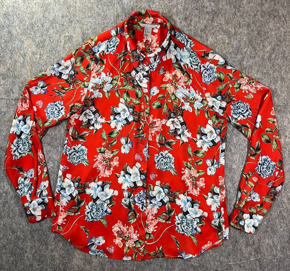 HM Floral Blouse / Women's 4 / Red Blue White Long Sleeve Button Up Shirt H&M
